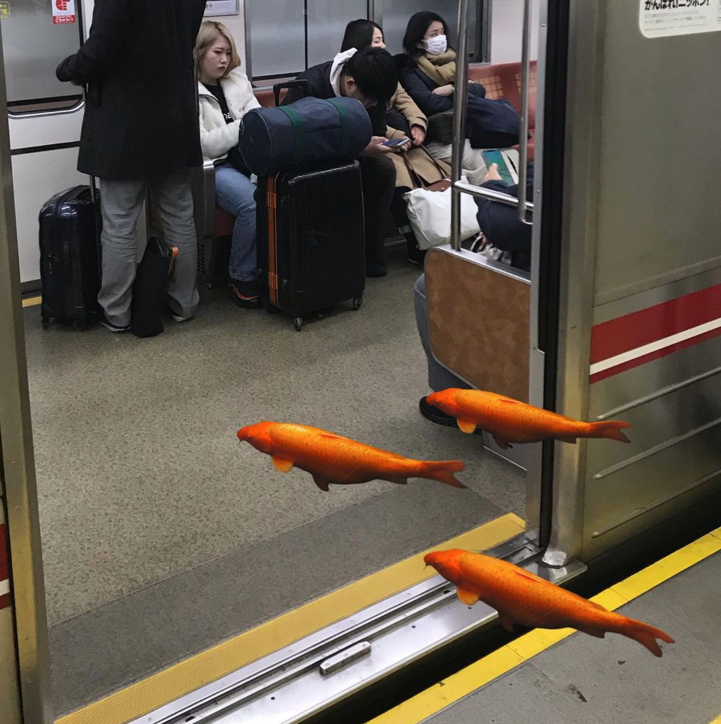 Collage of fish wayfinding avatars boarding a train in the Tokyo underground.
