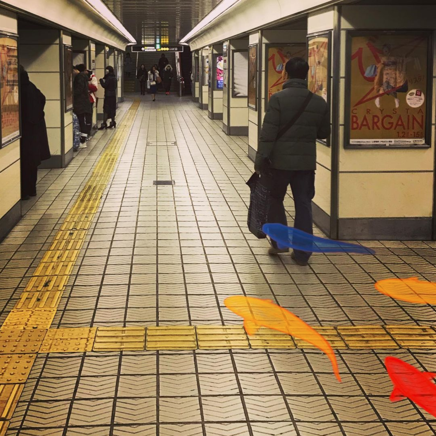Sketch on a photograph: fish in the Tokyo underground.